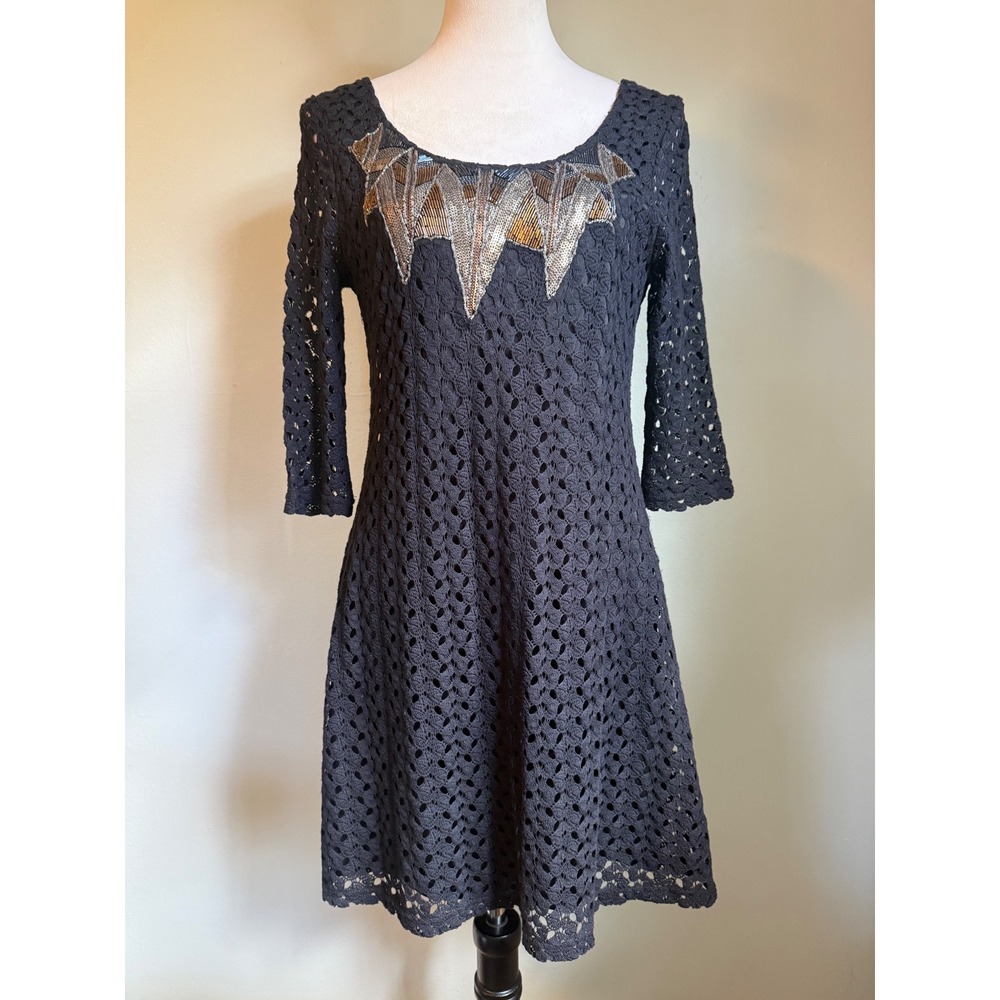Miss Me Black Crochet Lace Beaded Sequin mini Dress Small dainty whimsigoth boho